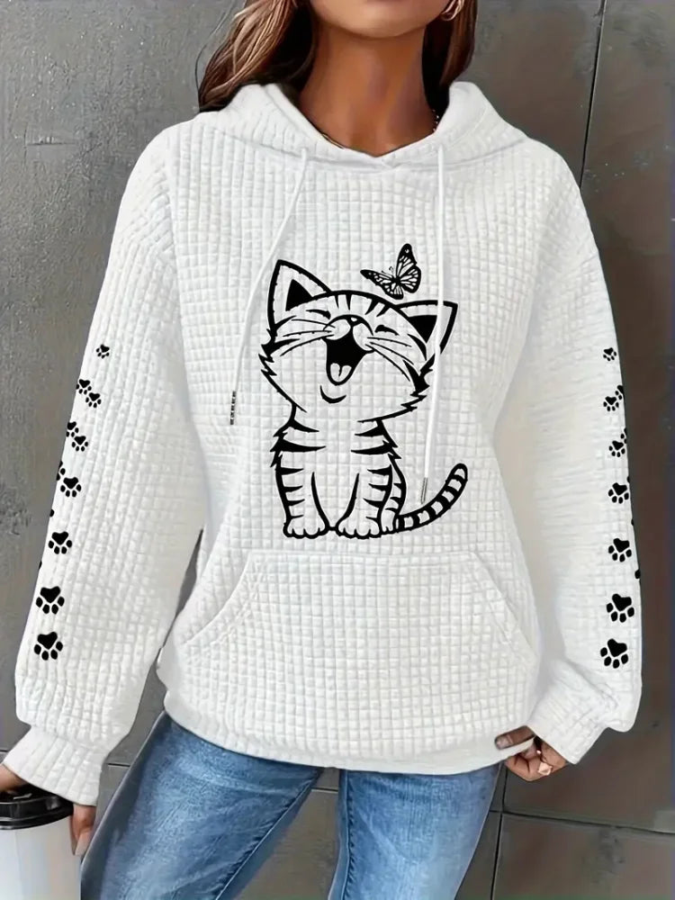 Plus Size Casual Sweatshirt  Women's Plus Cat & Butterfly Print Waffle Pattern Long Sleeve Drawstring Hoodie With Pockets