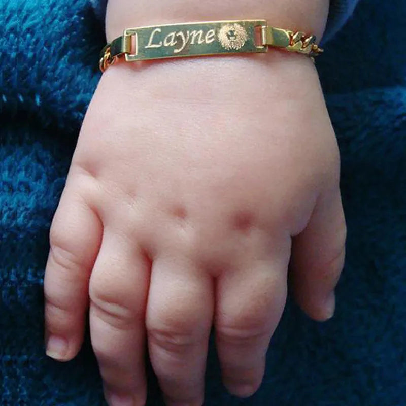 Personalize Baby Name Bracelet Figaro Chain Smooth Bangle Link Gold Tone No Fade Safty Jewelry 12cm to 15cm