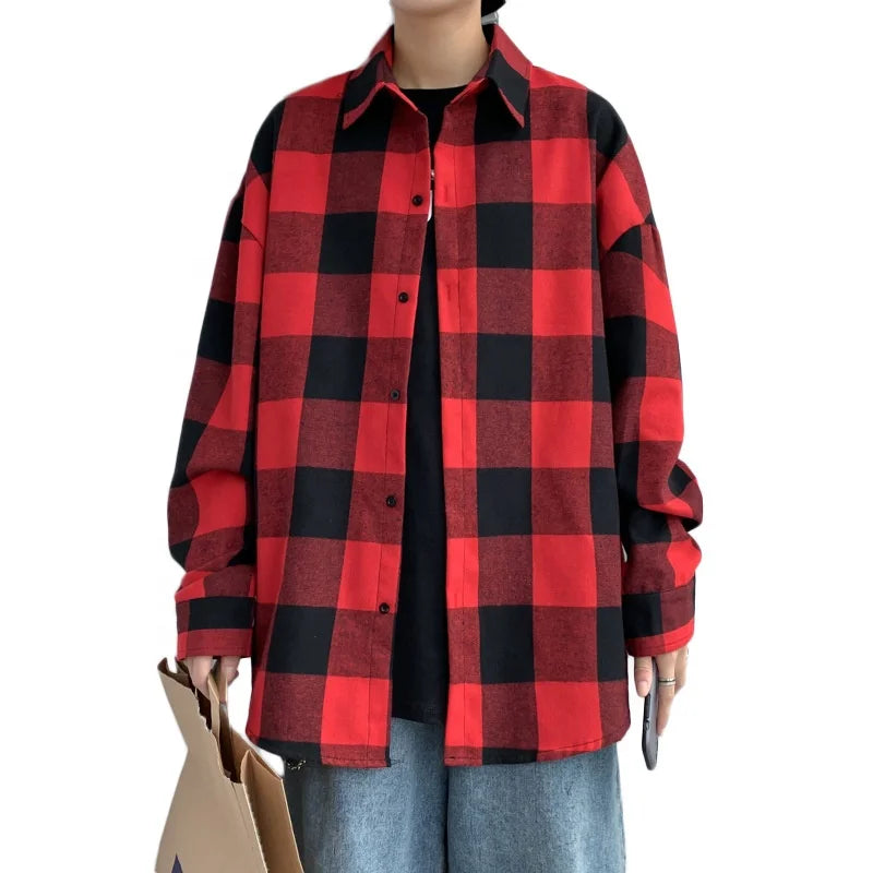 Long-sleeved plaid shirt men's spring Korean style trendy loose oversized plus size fat casual brushed plaid jacket