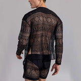 Hollow Out Sexy Lace Suit Fashion Long Sleeve Shirt Casual Shorts Men'S Clothing Suit Solid Color Matching Summer Suit For Male