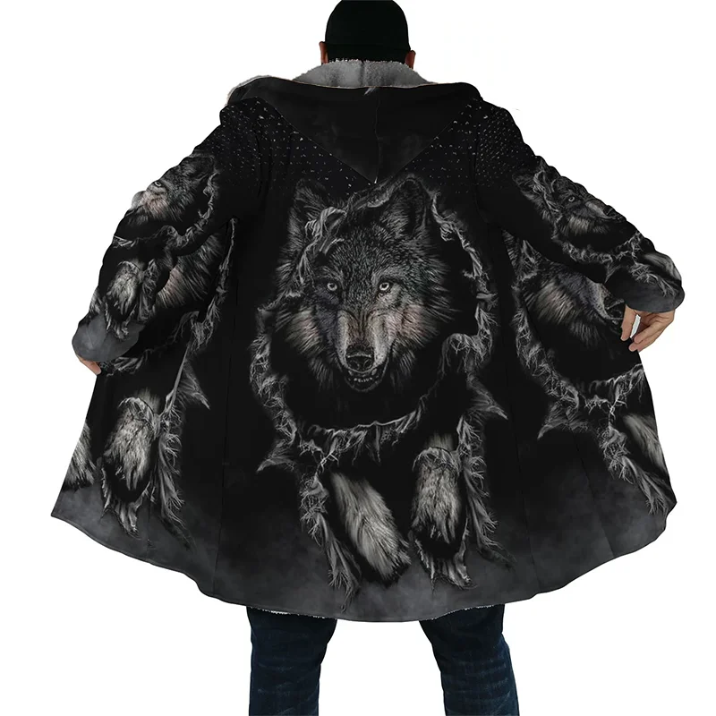 Men's Winter Jacket Wolf 3D Print Thick Warm Zipped Hoodie Male Coat Cape Robe Overcoat Parkas Invierno Hombre Blanket 2024