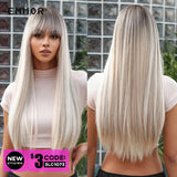 Emmor Long Platinum Blonde White Wig with Bang for Women Natural Straight Cosplay Wigs Heat Resistant Fiber Synthetic Hair