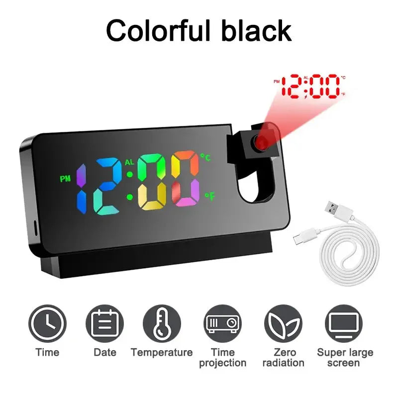 Multifunctional 180° Rotating Projection Creative Alarm Clock, LED Silent Colour Screen, Bedroom Ceiling Projection Gift