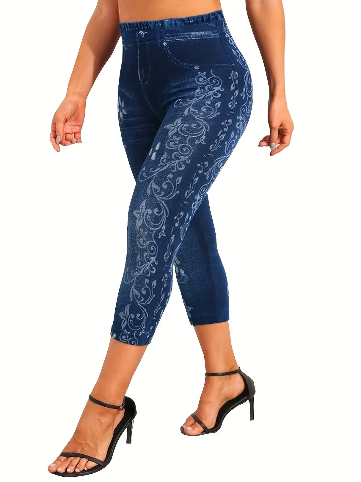 Women's Plus Size Sports Leggings, Lady Oversize Denim Print & Floral High Rise Skinny Slight Stretch Capri Tight Pants