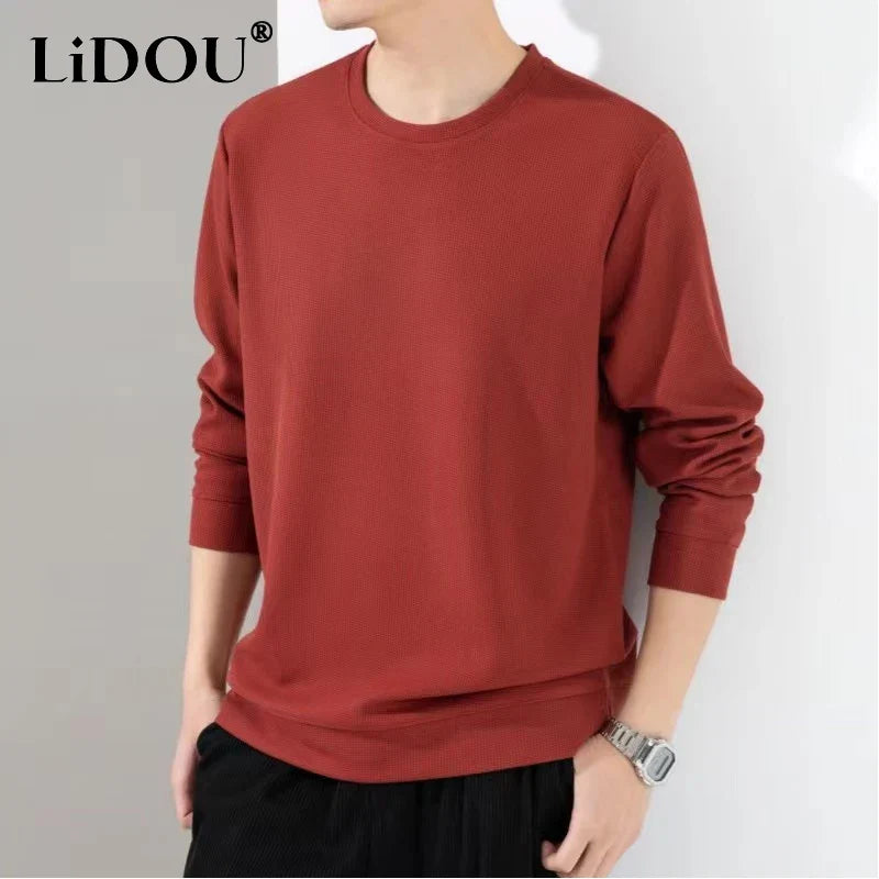 2023 Spring Autumn New Solid Color Round Neck Long Sleeve Fashion Sweatshirts Man Casual High Street Waffler All-match Pullovers