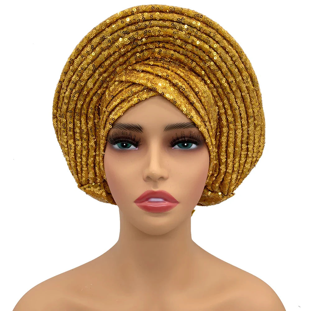 NEW Sequins Turban Cap for Women Ready to Wear African Auto Gele Headtie Nigeria Wedding Geles Female Head Wraps Lady Headpiece