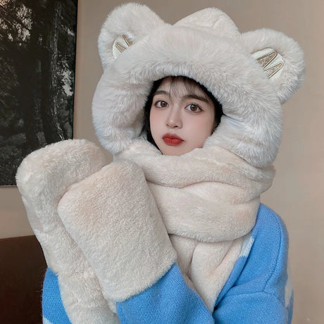 Winter New Style Thickened Warm Plush Scarf All-in-one Hooded Scarf Three-in-one Cute Bear Ears Hat Female Hooded Bib Ski Mask