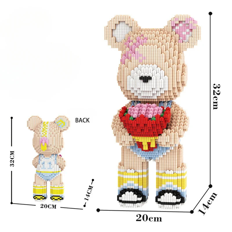 Cartoon Mini Love Violent Bear Bearbrick Colour Model with Light Building Block Micro Diamond Bricks Kids Toys Birthday Gift Set