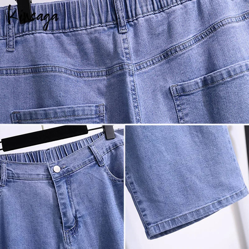 Plus Size Capris Jeans Bermudas Women 7xl Extra Large Simple Classic Elastic High Waist Straight Leg Cropped Demin Pants Female