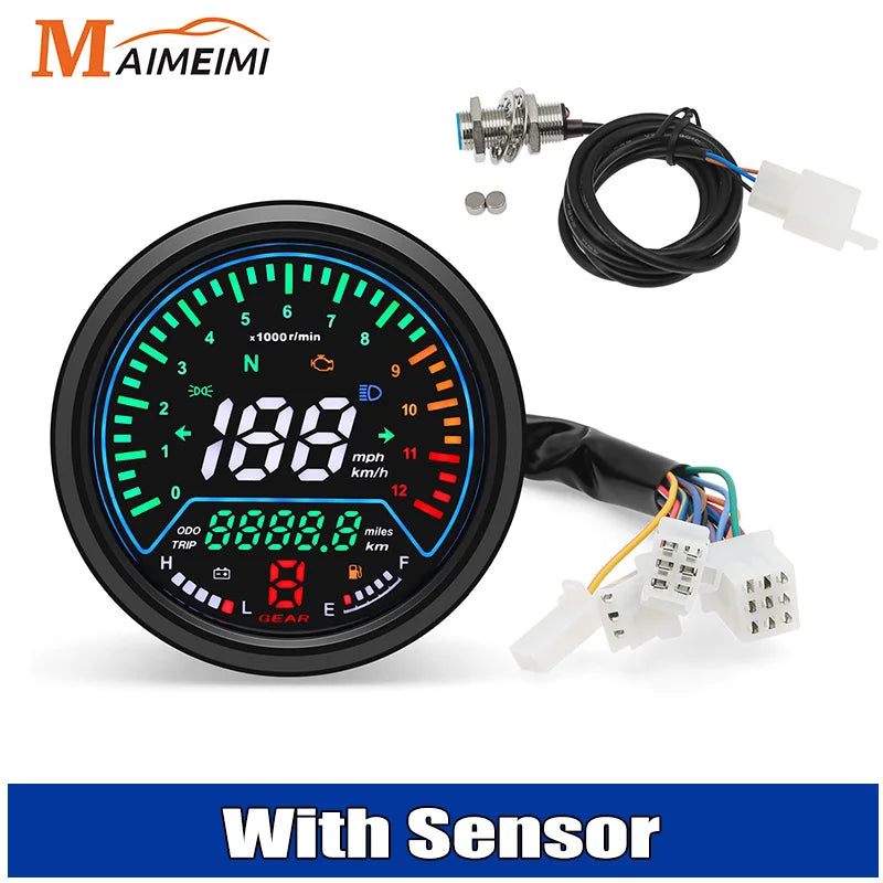 MH 12V Motorcycle Speedometer Instruments Odometer Tachometer Indicator Led Round 12000rpm For Harley Honda Yamaha Suzuki Racer