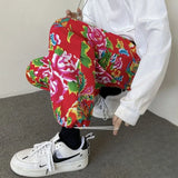 Northeast Flower Printed Thickened Cotton-padded Jacket Couple Chinese Style Causal Loose High Street Parkas Pants Suit