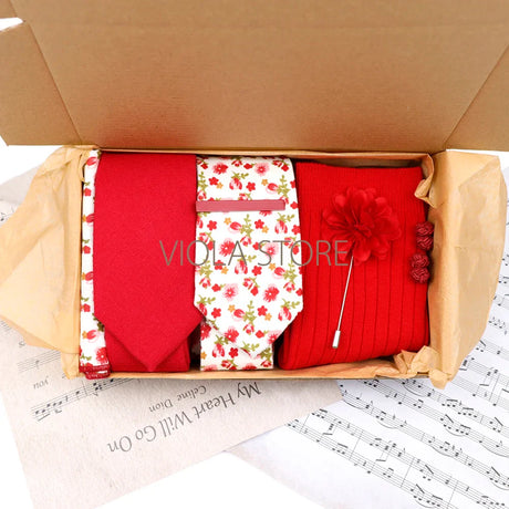 Viola Design Gift Box Hot Solid Floral Cotton Sock Necktie Set Clip Cufflinks Pin Hanky Men Wedding Party Daily Cravat Accessory