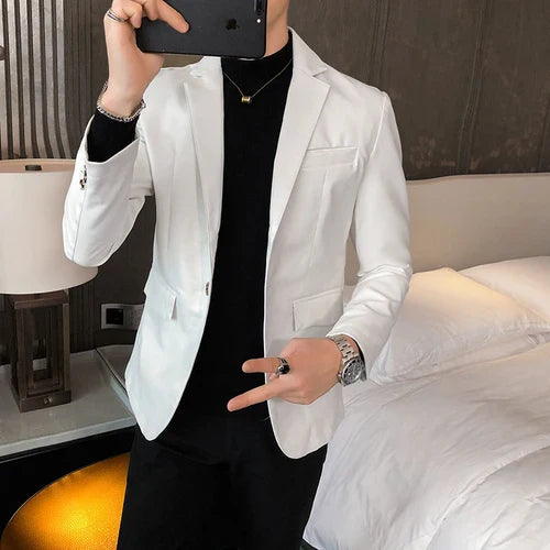 2022 Autumn Leather Jacket Men Slim fit Casual Business Blazer Masculino Solid Color Street Wear Social PU Coat Costume Homme