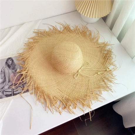 2024 Handmade Big Brim Hat Oversized Tassel Burrs Women Men Straw Sun Brim Hats Natural Raffia Panama Beach Summer Hat