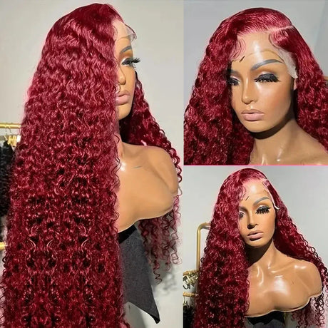 13x4 13x6 Deep Curly Lace Frontal Wig Transparent 99J Burgundy Curly Lace Front Wigs Red Colored HD Deep Wave Human Hair Wigs