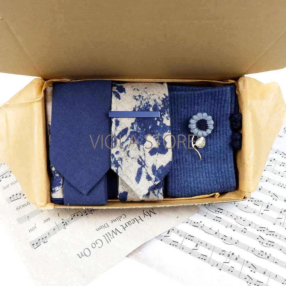 Viola Design Gift Box Hot Solid Floral Cotton Sock Necktie Set Clip Cufflinks Pin Hanky Men Wedding Party Daily Cravat Accessory