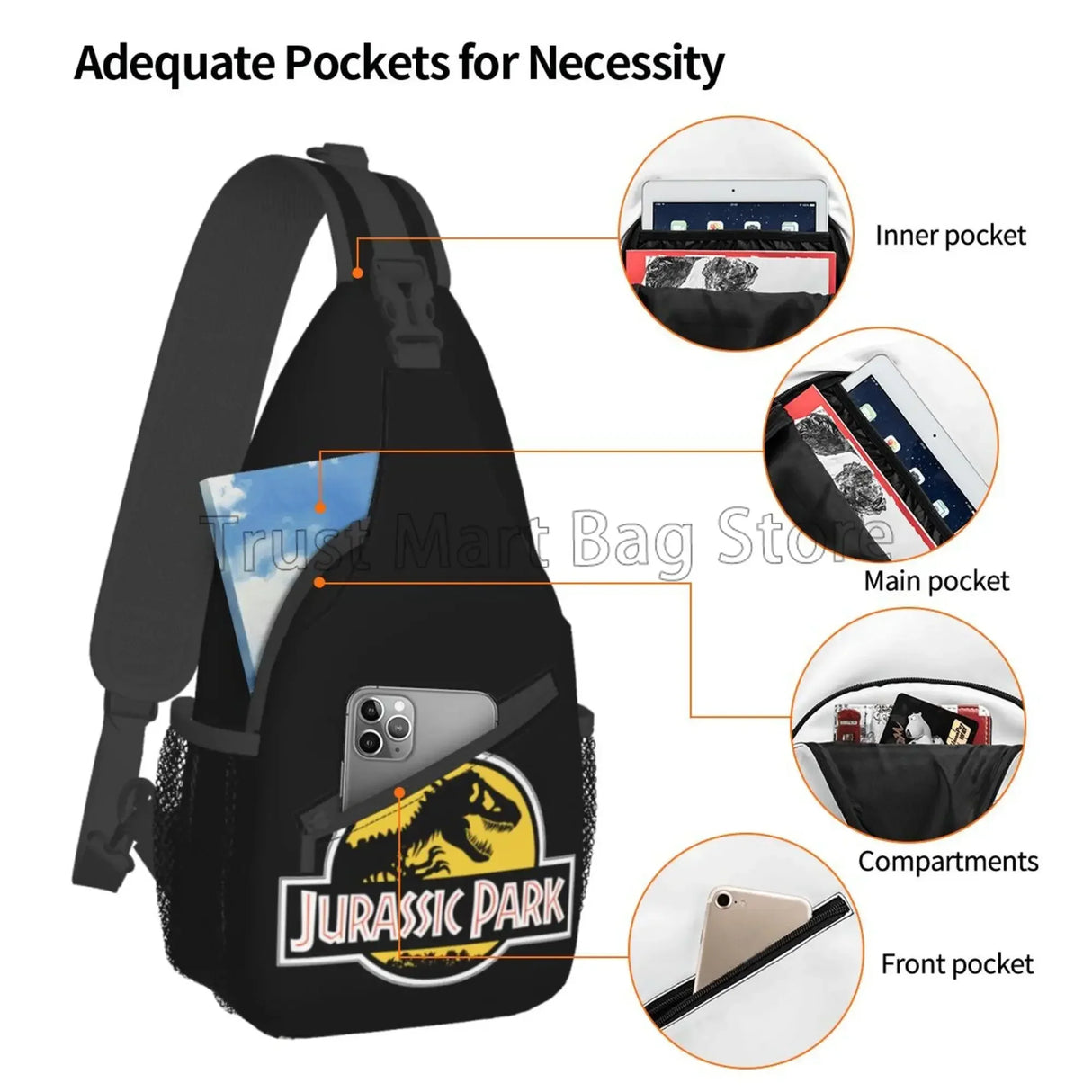 Jurassic Park Sling Bag for Women Men Crossbody Shoulder Bags Casual Sling Backpack Chest Bag Travel Hiking Daypack for Outdoor