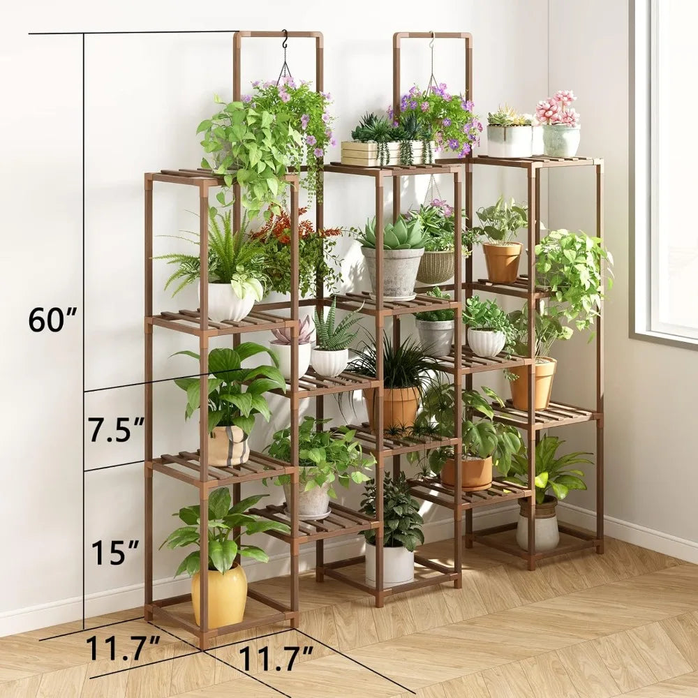 Whonline Plant Stand Indoor, Large Outdoor Rack with 6 Tiers and 13 Potted Holders, Wood Tiered Tall Shelves for Multiple Plants