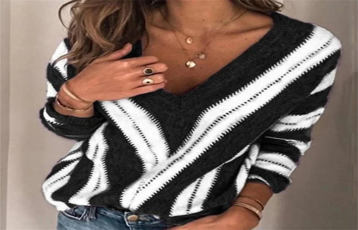 Fashion V Neck Striped Knitted Women Sweater Oversized Loose Pullover 2023 Autumn Winter Female Plus Size Knitwear Lady Jumpers