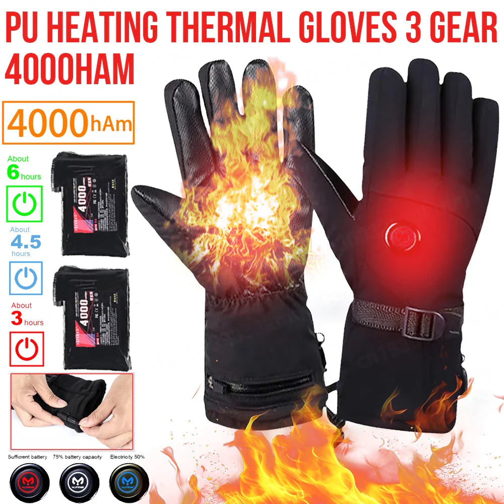 PU Leather Heated Gloves Motorcycle Winter Heated Gloves Warm Waterproof Rechargeable Heating 3 Gear Thermal For Snowmobile