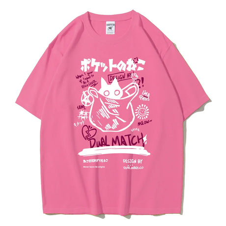 Men Women Cartoon T-Shirts 2024 Summer Harajuku Kawaii Cat Printed Short Sleeve Tees Couple Streetwear Loose Clothes Y2K Tops