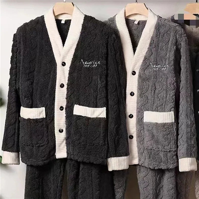 2024 New Men Winter Warm Flannel Pajamas Set V-Neck Fluffy Coat + Long Pants Male Sleepwear For Sleeping 2 Pieces Housewear 3xl