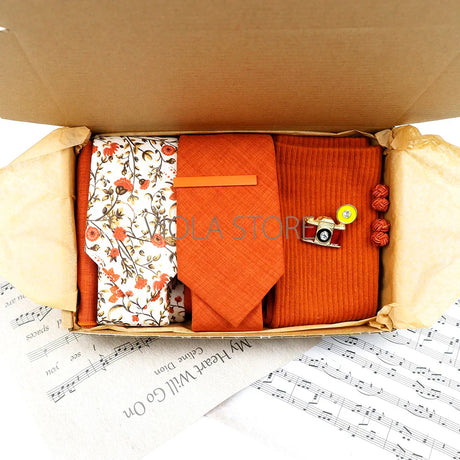 Viola Design Gift Box Hot Solid Floral Cotton Sock Necktie Set Clip Cufflinks Pin Hanky Men Wedding Party Daily Cravat Accessory