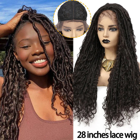 X-TRESS Goddess Faux Locs Wigs Long Braided Lace Front Synthetic Braids Wig Bohemian Curly Hair Crochet Braiding Hair for Women