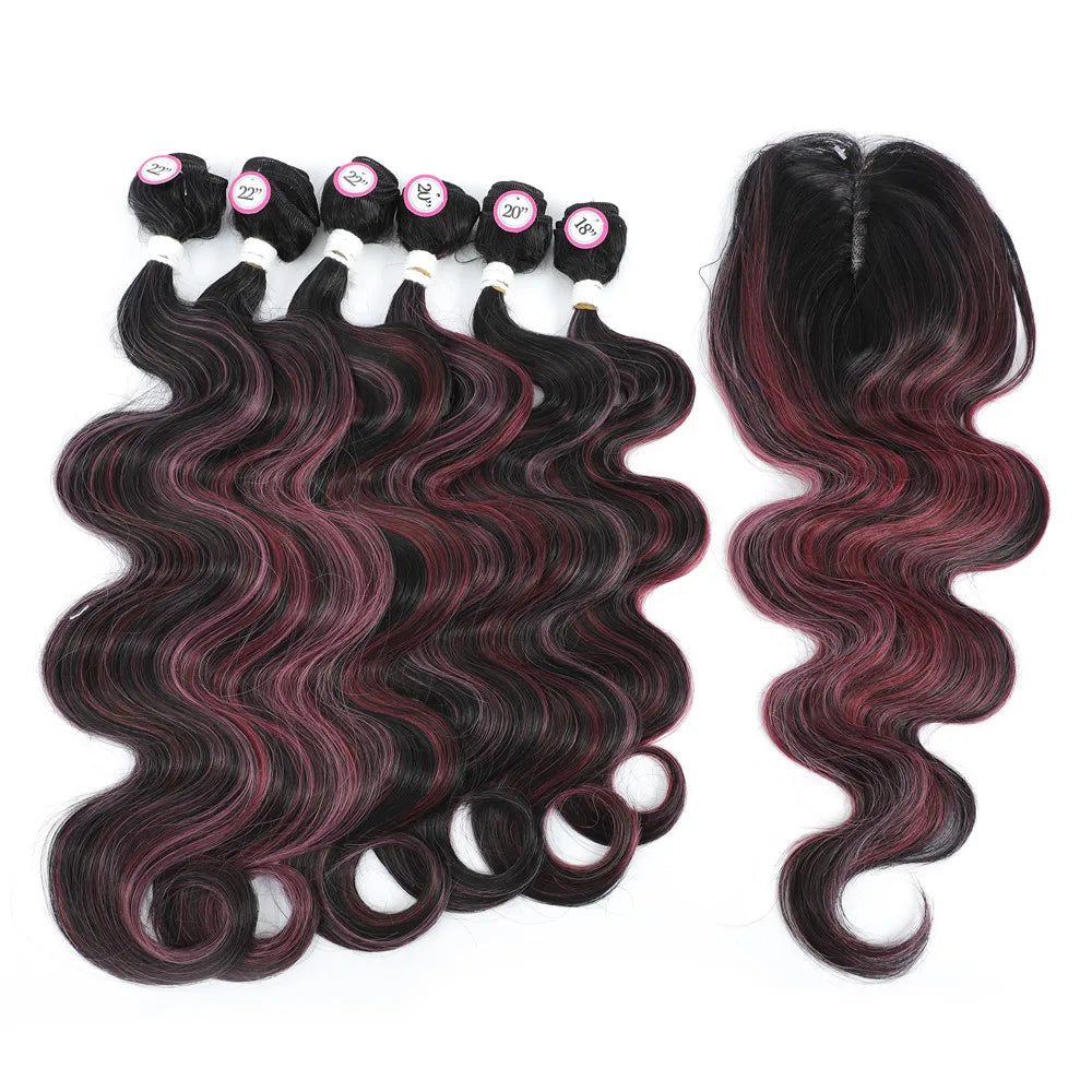 X-TRESS Body Wave Hair Bundles With Middle Part Closure Soft Synthetic Hair Weave Extensions For Black Women 7PCS One Pack