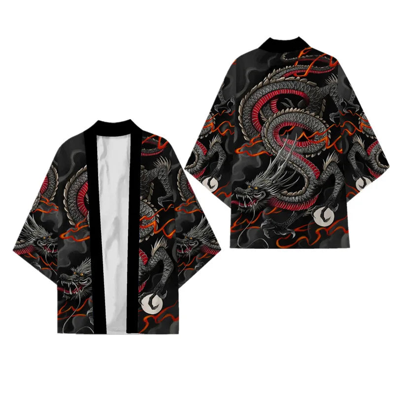 Black Kimono Cardigan Women Men Japanese Obi Male Yukata Men's Haori Chinese Dragon Print Coat Traditional Japan Clothing