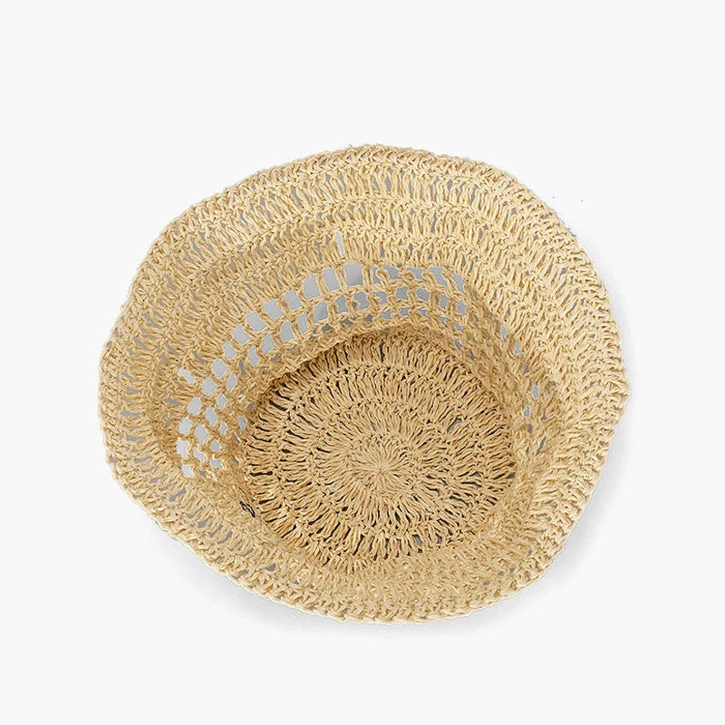 MABULA Wide Brim Women Bucket Hat Summer Straw Woven Sun Visor Hats Luxury Design Hollow Out Hat Fashion Striped Girls Beach Hat