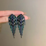 Exaggerated Blue Rhinestone Crystal Geometric Flower Long Tassel Earrings for Women Cool Drop Dangling Earring Party Jewelry