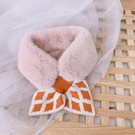 New Soft Plush Baby Girl Scarf Winter Cute Plaid Thick Warm Faux Fur Girls Scarves Bows Neck Warmer Neckerchief Children Kid