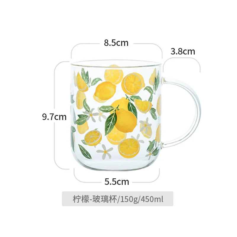 Heat-Resistant with Handle Glass Mug Breakfast Milk Cup Cute Office Home Coffee Mugs Lemon Mushroom Pumpkin Pattern Drinkware