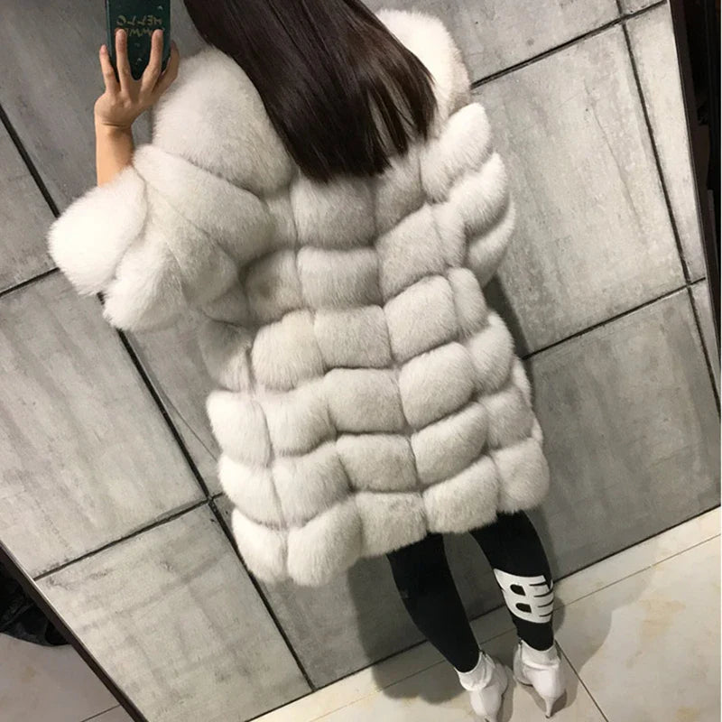 New Lady Winter Natural White Long Real Fox Fur Coat Women