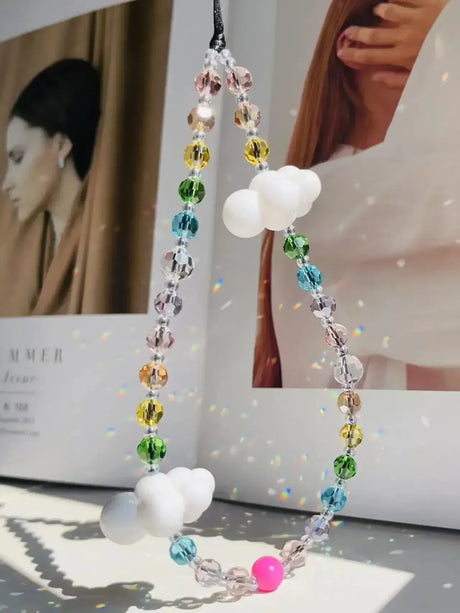 Colorful Crystal Cell Phone Charm Strap Acrylic Heart Cloud Phone Chain Wrist Bead Keychain Fashion Phone Accessories for Women