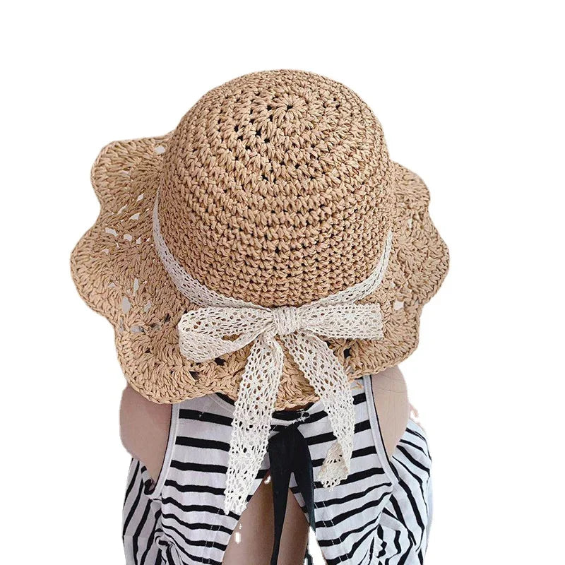 Fashion Baby Petal Brim Straw Woven Hat Sun Protection Lace Cap Kids Girls Princess Collapsible Beach Cute Infant Bucket Hats