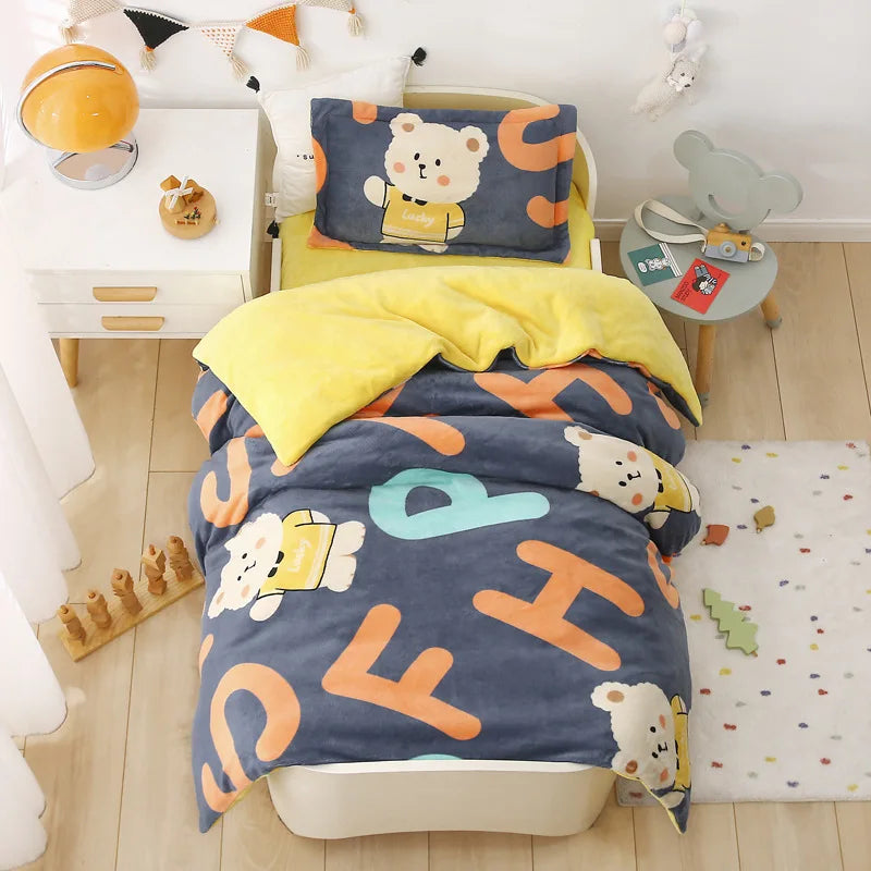 Baby Cartoon Print Bedding Set Duvet Covers Pillowcases Set Autumn Winter Warm Suede Bedclothes Bed Linen CP29