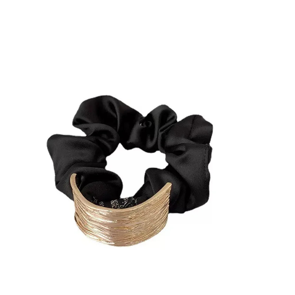 Elegant Metal Flower Hair Rope Ring Elastic Hair Tie For Women Girl Satin Solid Color Rubber Scrunchies Summer  Ponytail Holder