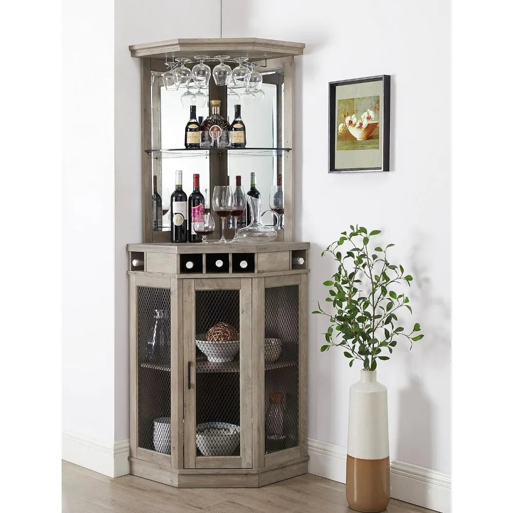 Stone Grey Corner Bar Unit 73" With Built-in Wine Rack and Lower Bar Cabinet for Liquor and Glasses | Storage Shelf