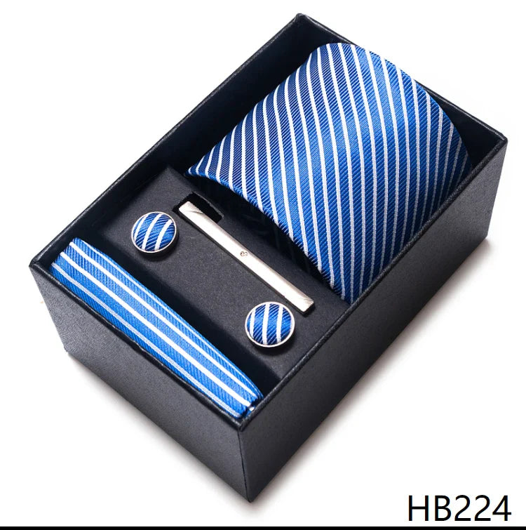 Luxurious Dropshipping 8 cm Birthday Gift Silk Tie Hanky Pocket Squares Cufflink Set Tie Clip Necktie Box Geometric