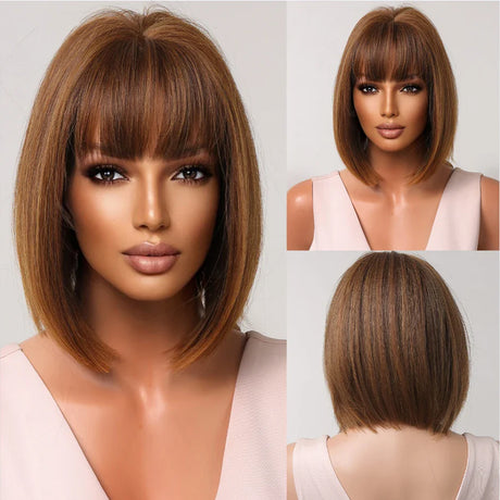 Brown Blonde Short Straight Synthetic Hair Wigs with Bangs for Women Golden Highlight Bob Wigs Cosplay Natural Heat Resistant