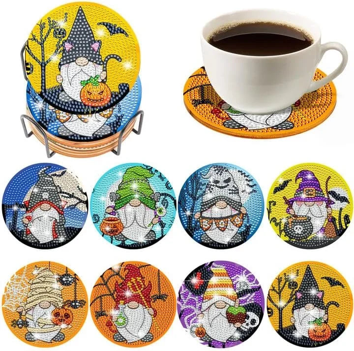 8Pcs DIY Diamonds Painting Coaster Animal Flower Non-slip Anime Art Mosaic Cup Cushion with Rack Rhinestones Paintings Decor