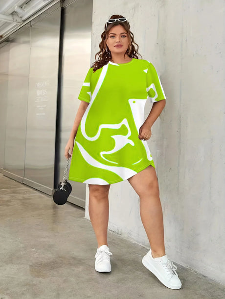 Plus Size Women's Casual Tee Dress, Fashion Plus Geometric Print Lady Short Sleeve O-Neck Medium Elasticity Breathe Nightdress