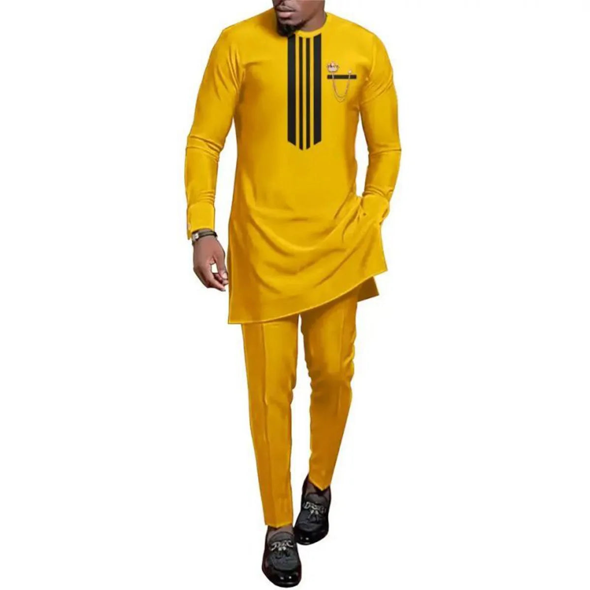 New Men's Temos Wedding Two Piece Suit Men's Dress Long Pants Shirt Solid Color Long Sleeve Party African Ethnic Style Clothing