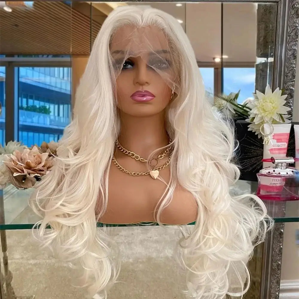 MXWIGS Body Wave Platinum Blonde Synthetic Lace Front Wigs with Free Part Natural Hairline Long Wavy Wigs Daily Cosplay  Wigs