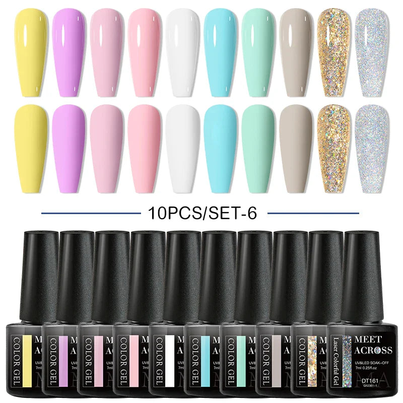 10Pcs Nude Glitter Gel Nail Polish Set Purple Pink Reflective Glitter Semi Permanent Varnishes Soak Off UV LED Nail Art Gel Kits