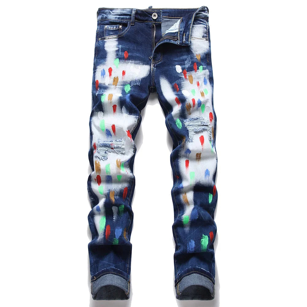 Men Painted Ripped Jeans Streetwear Stretch Denim Slim Tapered Pants Holes Distressed Trousers