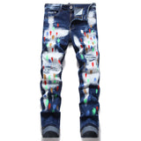 Men Painted Ripped Jeans Streetwear Stretch Denim Slim Tapered Pants Holes Distressed Trousers