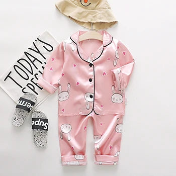 Toddler Girls Silk Satin Pajamas Sets Cartoon Kids Boys Pyjamas Baby Sleepwear Suit Girl Casual Home Wear Clothes Boy Loungewear